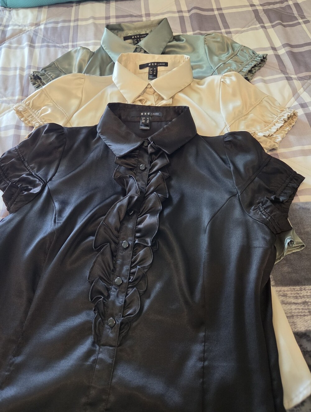 M N G BY MANGO Ruffle-Front Satin Button Down Blouse in Black, Beige OR Sage